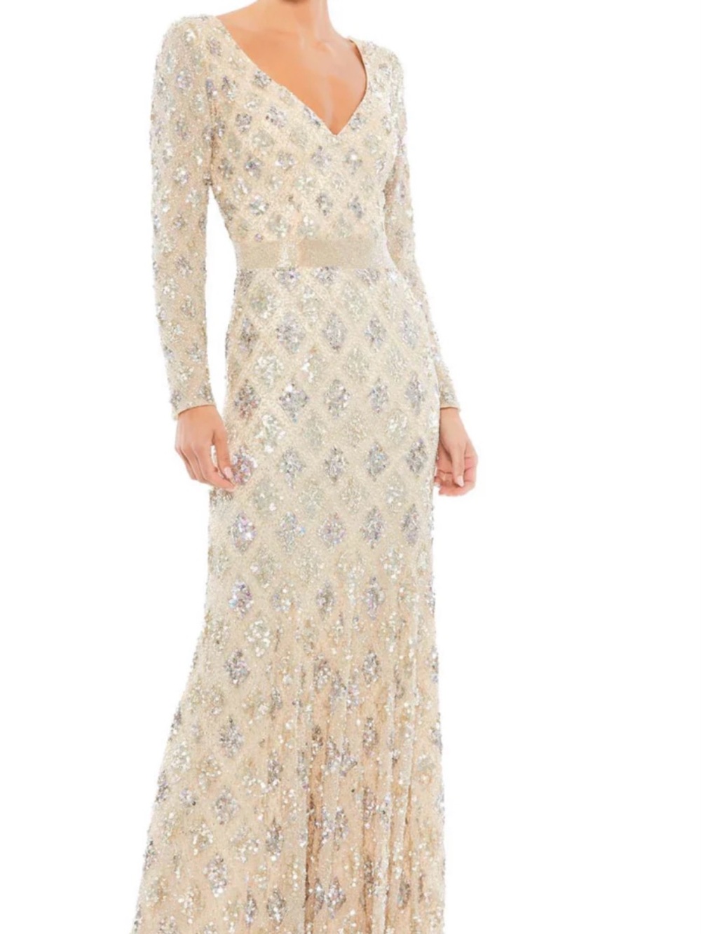 Mac Duggal Elegant Long-Sleeve Sequin Evening Gown in Nude